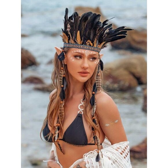 Feather Headband Boho Native American Hair Accessory for Women